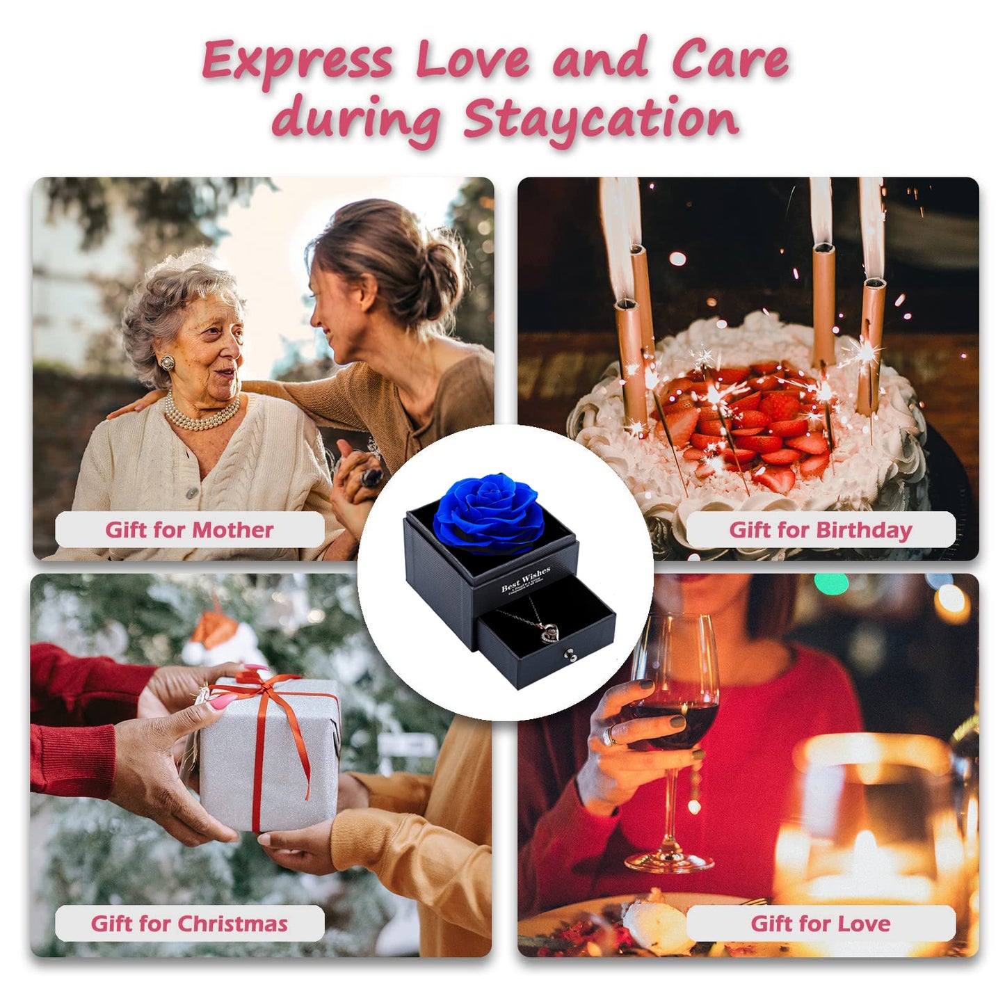 U UQUI Preserved Real Rose with I Love You Heart Necklace 100 Languages