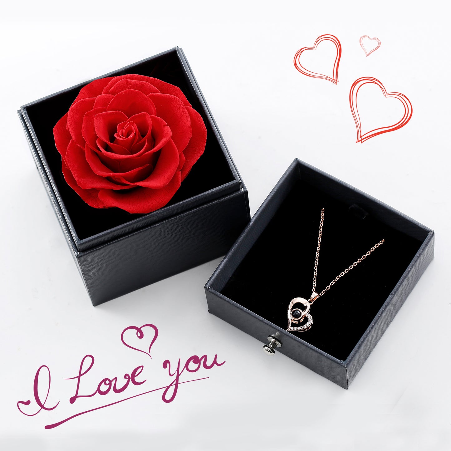U UQUI Preserved Real Rose with I Love You Heart Necklace 100 Languages