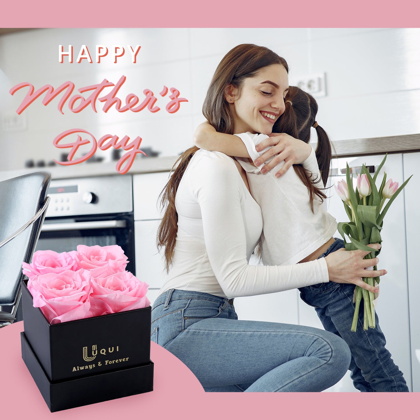 U UQUI 4 Roses Flowers Box And Necklace