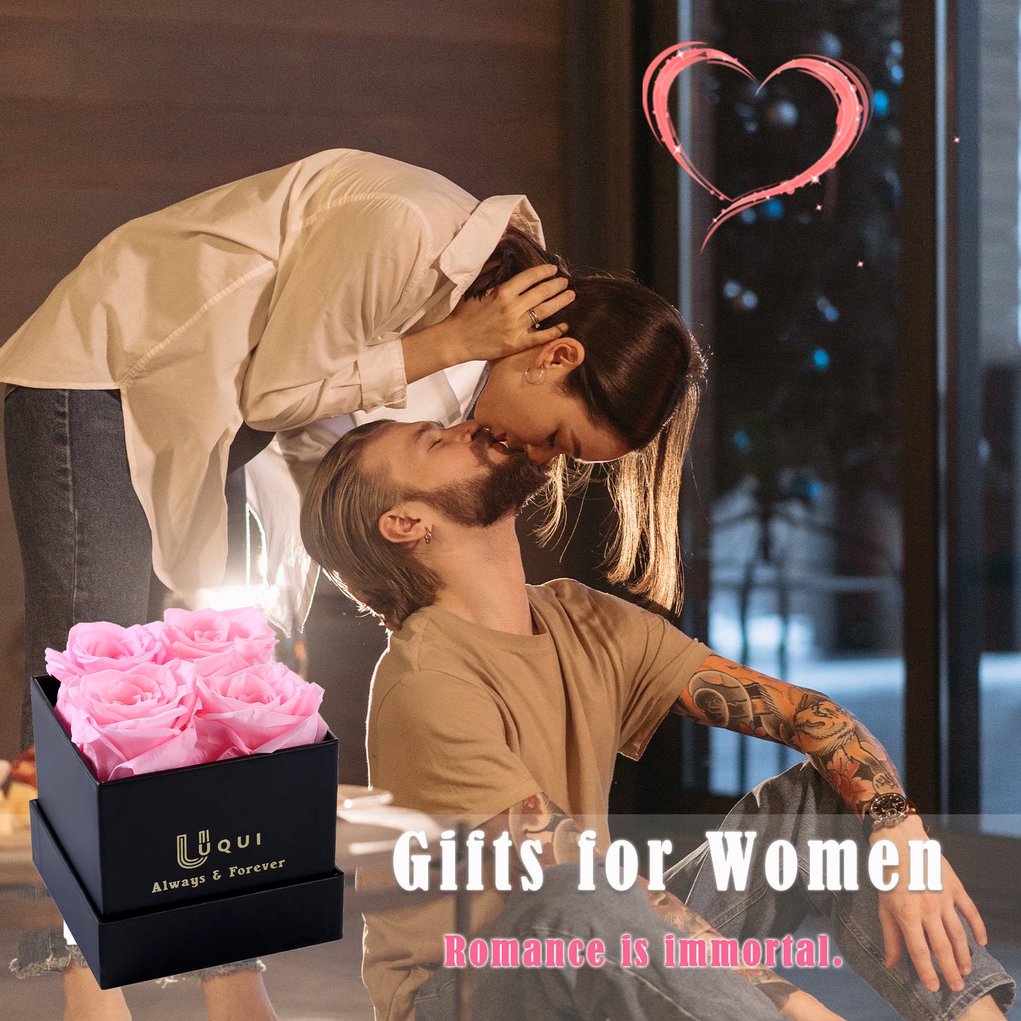 U UQUI 4 Roses Flowers Box And Necklace