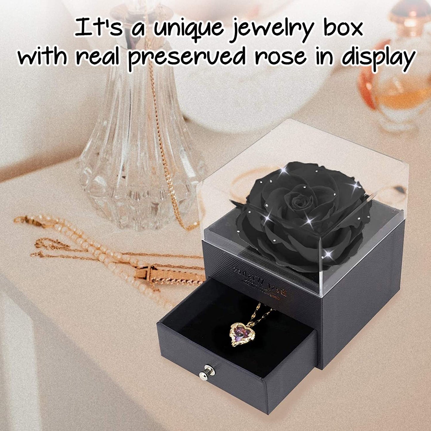 U UQUI Preserved Real Rose with I Love You Heart Necklace 100 Languages