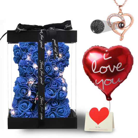 U UQUI Bow Tie Blue Rose Bear And Necklace