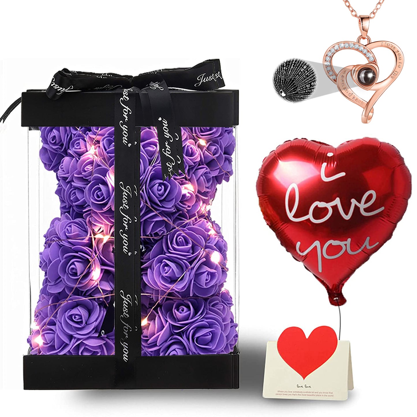 U UQUI Bow Tie Purple Rose Bear And Necklace