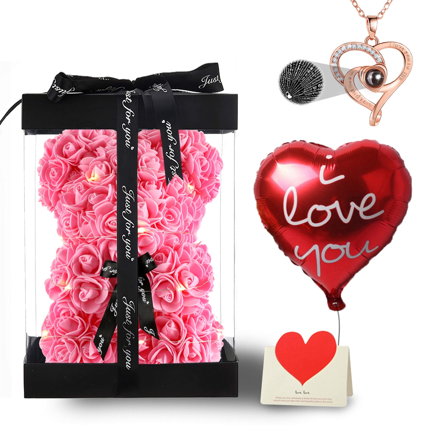 U UQUI Bow Tie Pink Rose Bear And Necklace