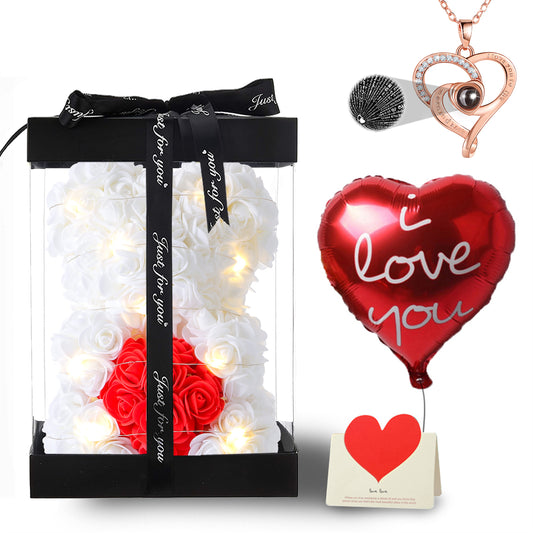 U UQUI White Love Heart Rose Bear And Necklace