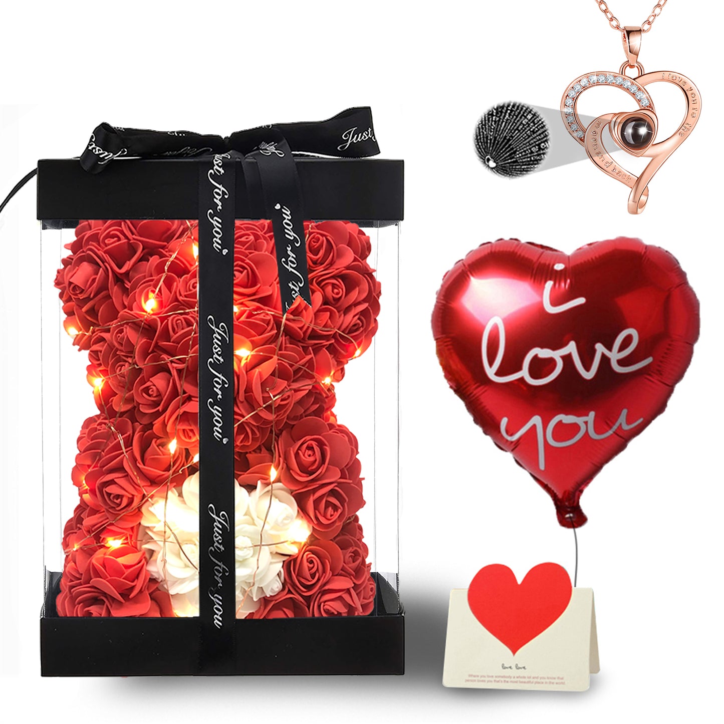 U UQUI Red Love Heart Rose Bear And Necklace