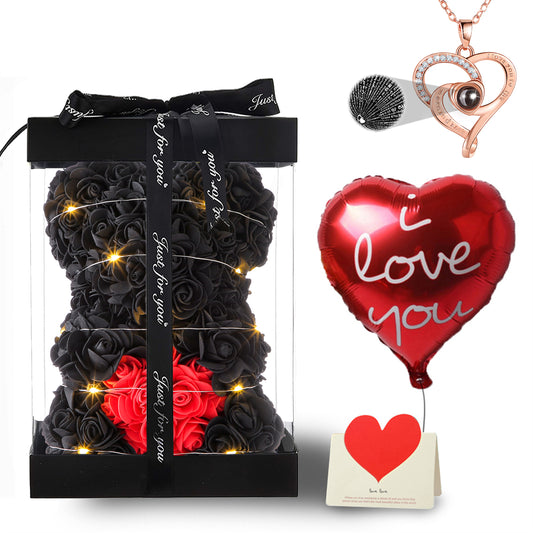 U UQUI Black Love Heart Rose Bear And Necklace