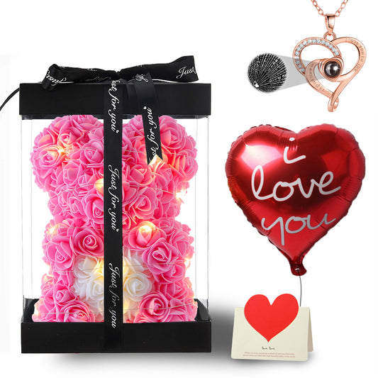 U UQUI Pink Love Heart Rose Bear And Necklace