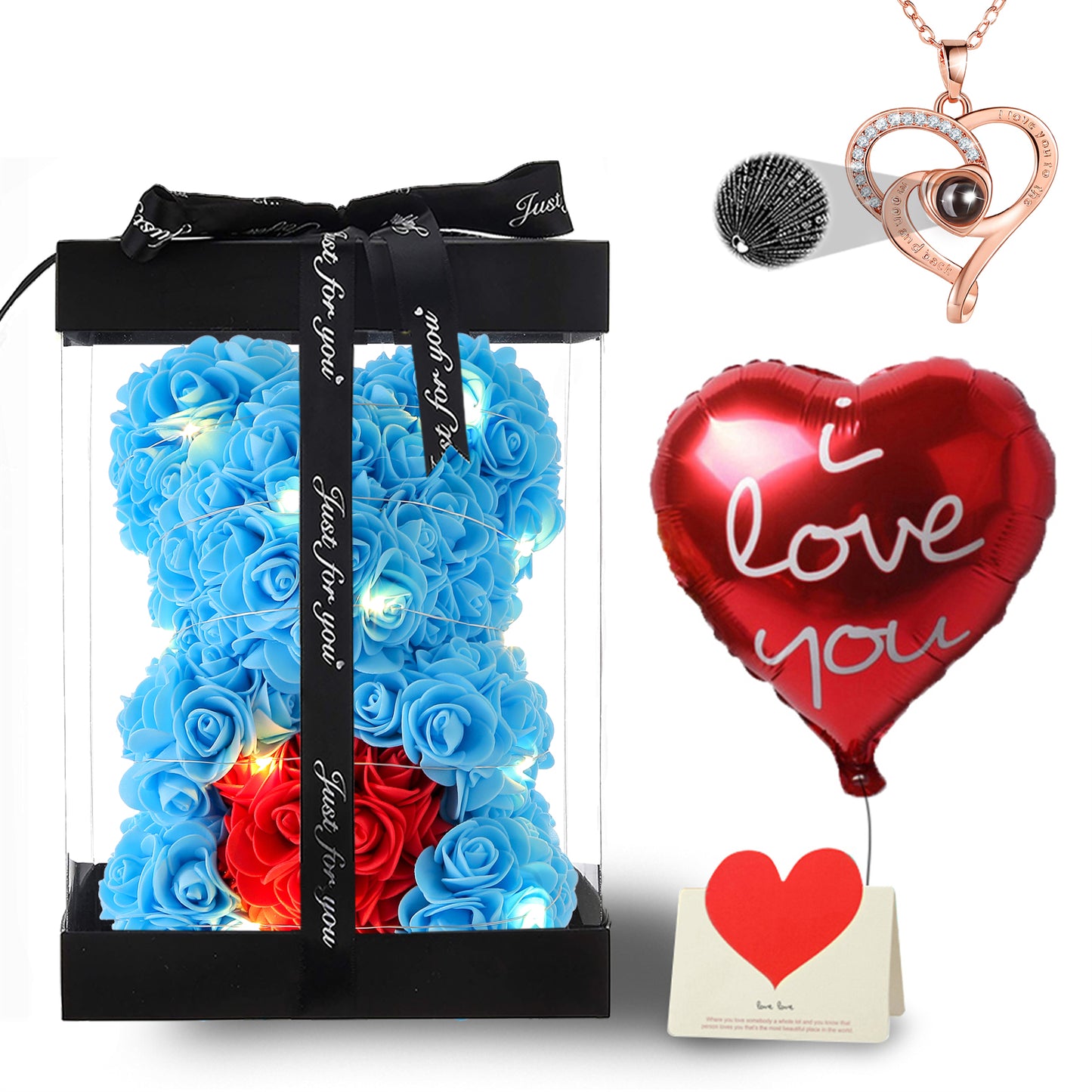 U UQUI Blue Love Heart Rose Bear And Necklace