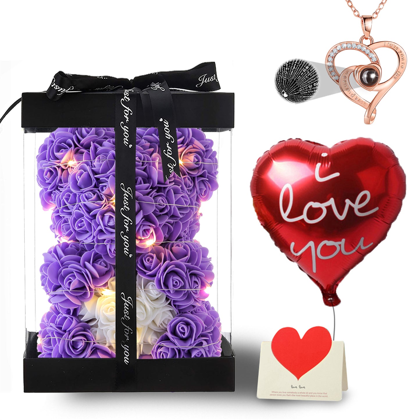 U UQUI Purple Love Heart Rose Bear And Necklace