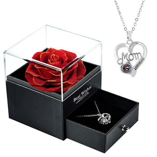 U UQUI Preserved Real Rose with I Love You Heart Necklace 100 Languages