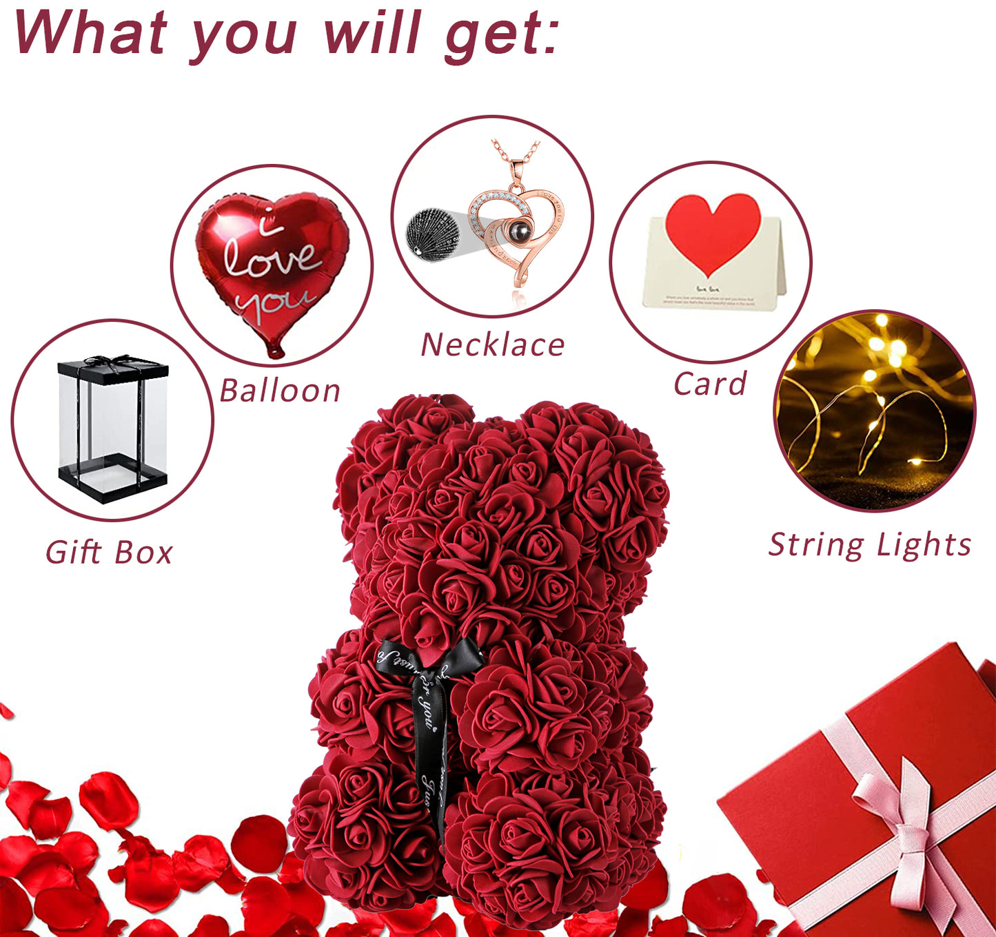 U UQUI Bow Tie Red Rose Bear And Necklace