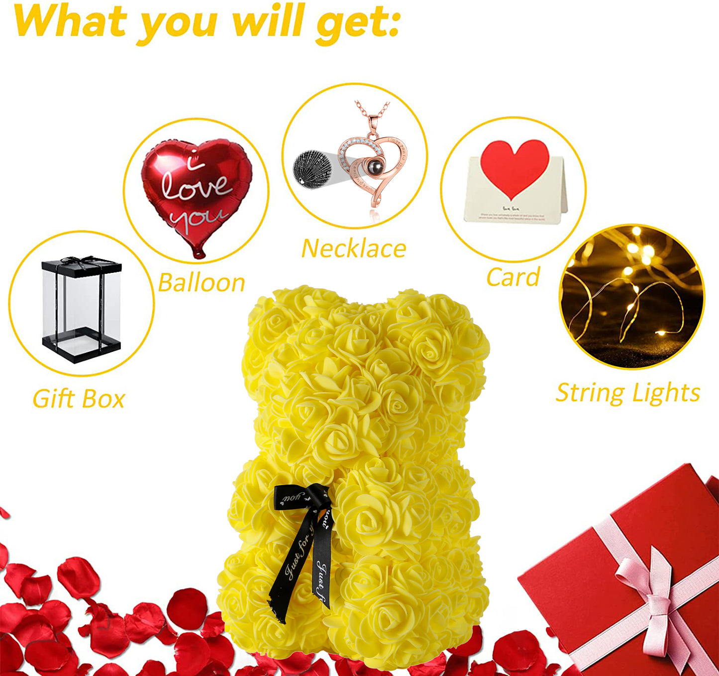 U UQUI Bow Tie Yellow Rose Bear And Necklace