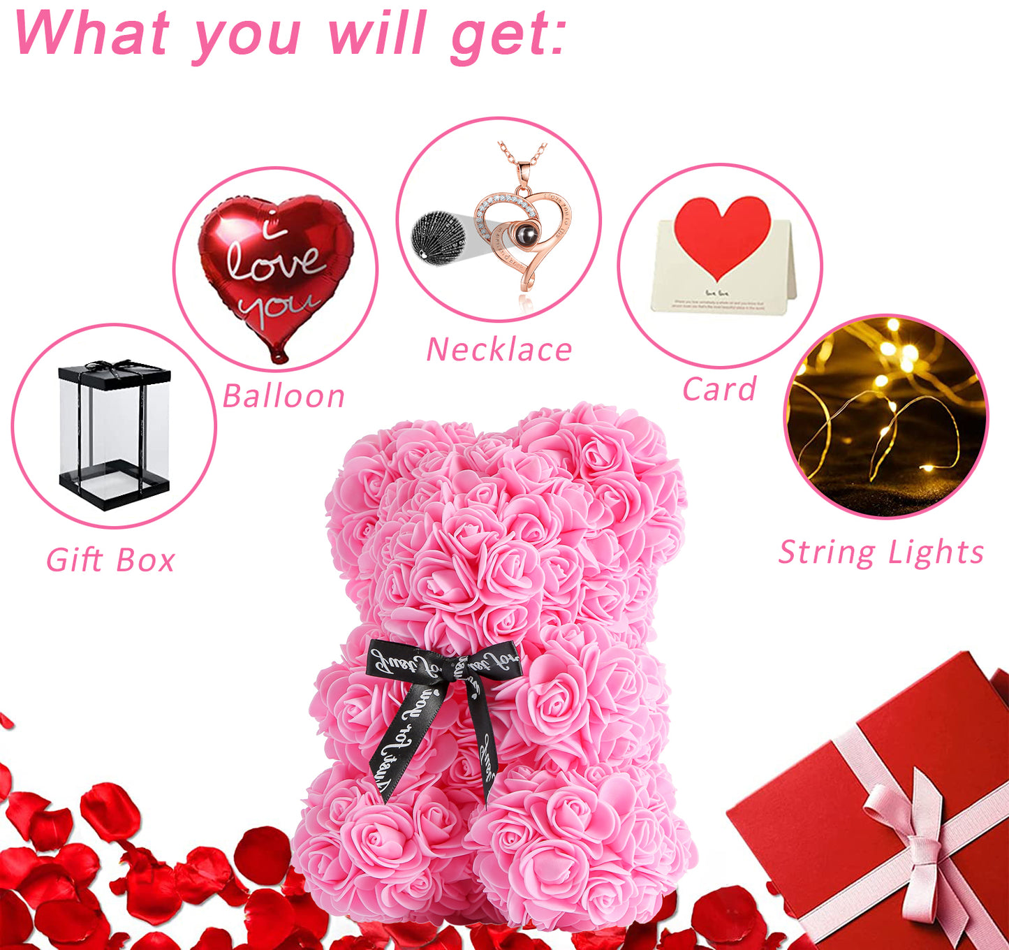 U UQUI Bow Tie Pink Rose Bear And Necklace