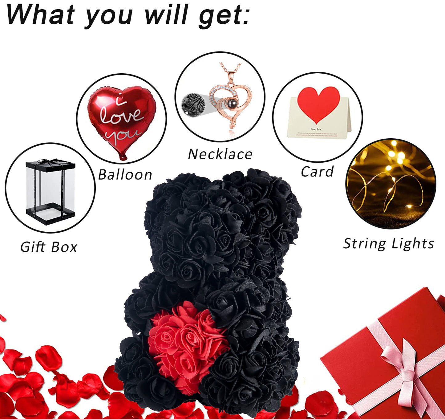 U UQUI Black Love Heart Rose Bear And Necklace