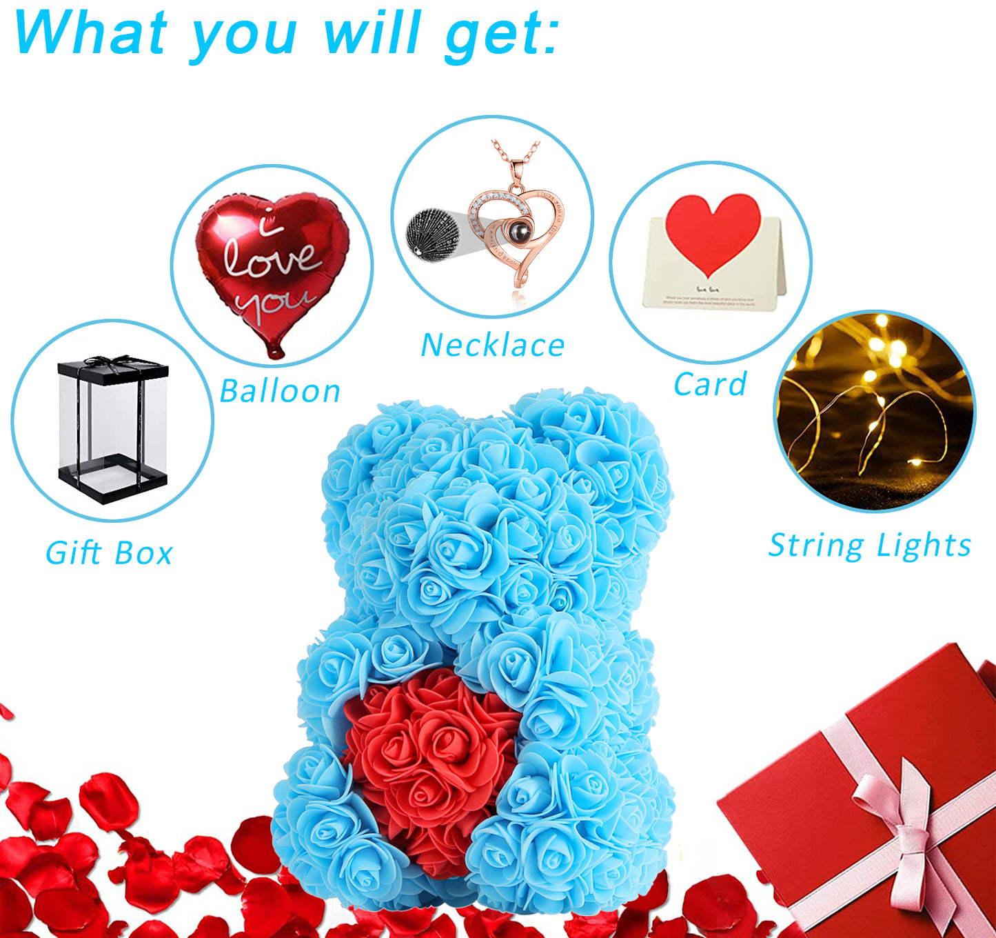 U UQUI Blue Love Heart Rose Bear And Necklace