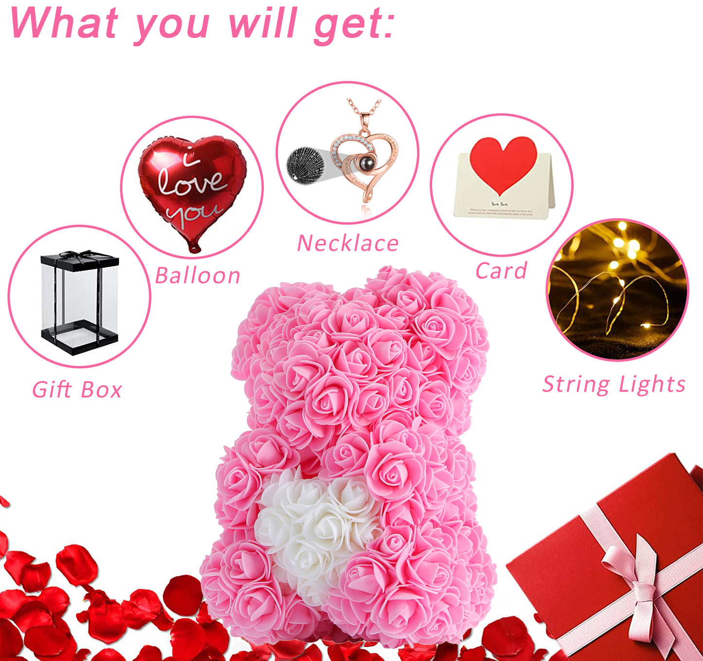 U UQUI Pink Love Heart Rose Bear And Necklace