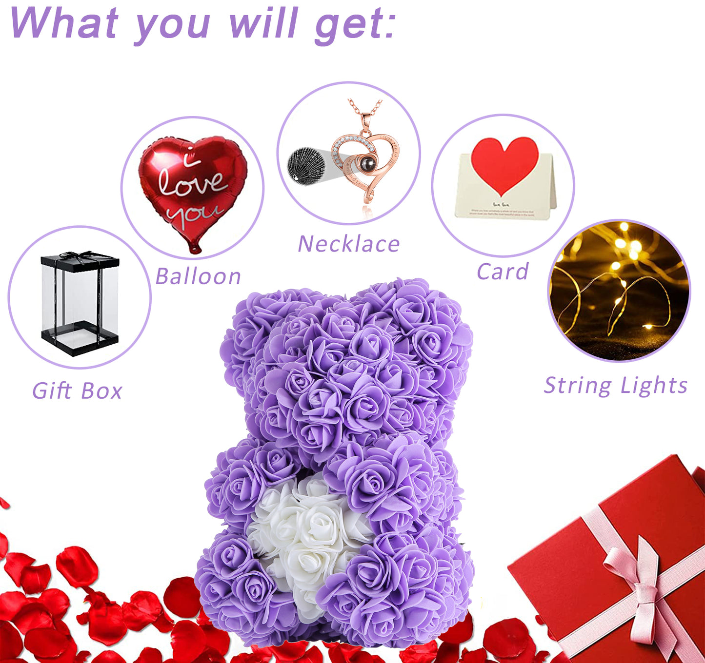 U UQUI Purple Love Heart Rose Bear And Necklace