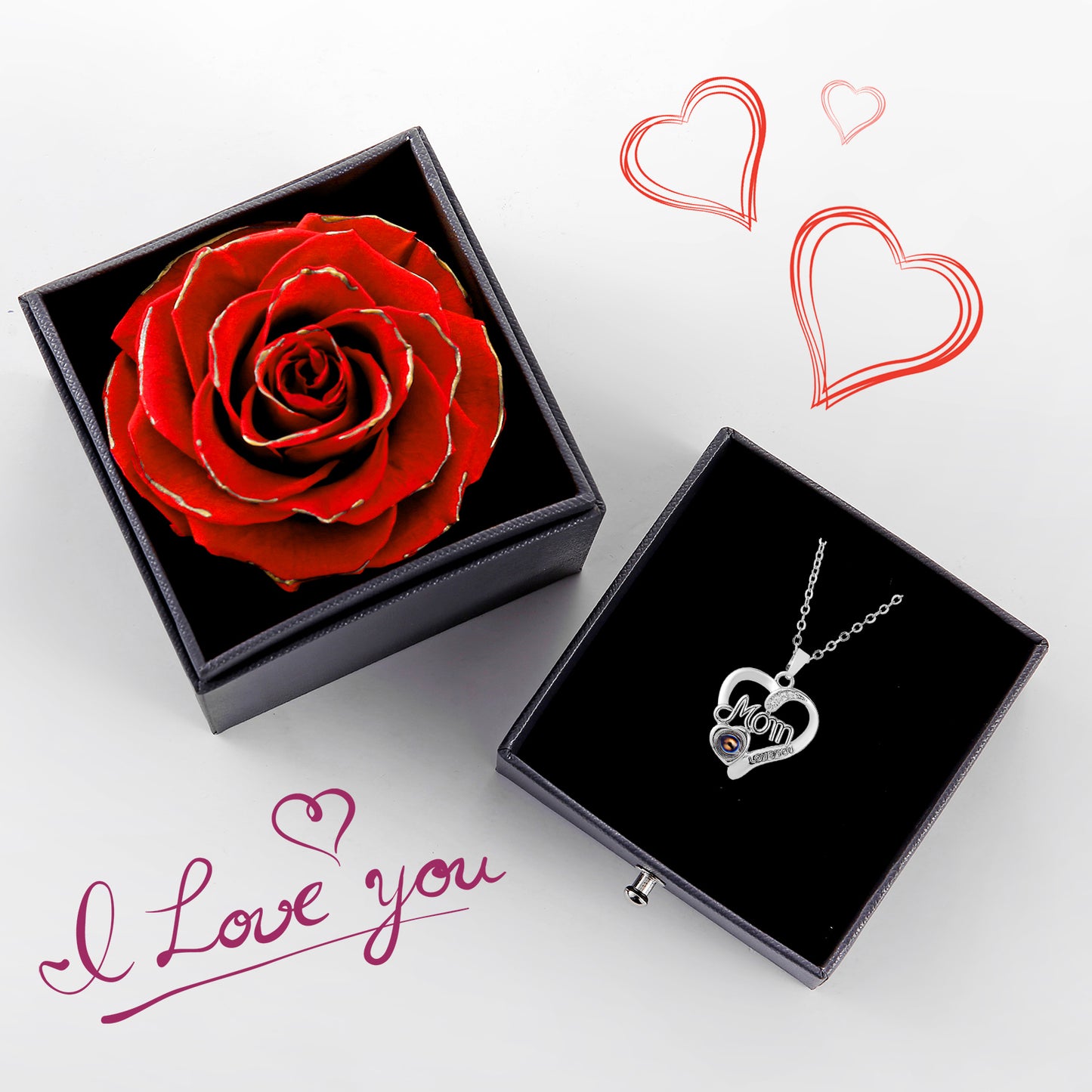 U UQUI Preserved Real Rose with I Love You Heart Necklace 100 Languages