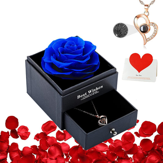 U UQUI Preserved Real Rose with I Love You Heart Necklace 100 Languages