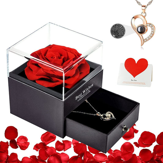 U UQUI Preserved Real Rose with I Love You Heart Necklace 100 Languages