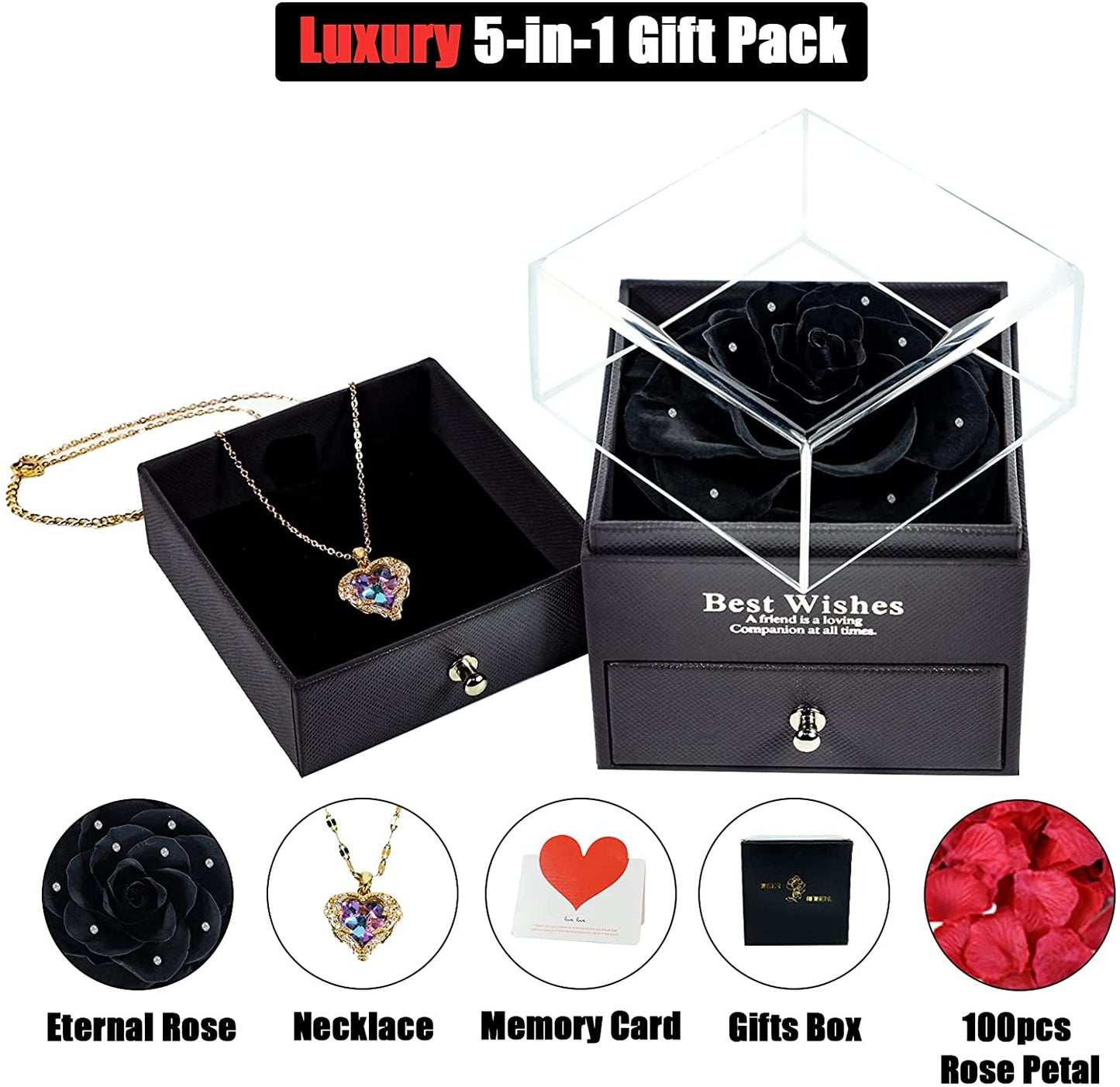U UQUI Preserved Real Rose with I Love You Heart Necklace 100 Languages