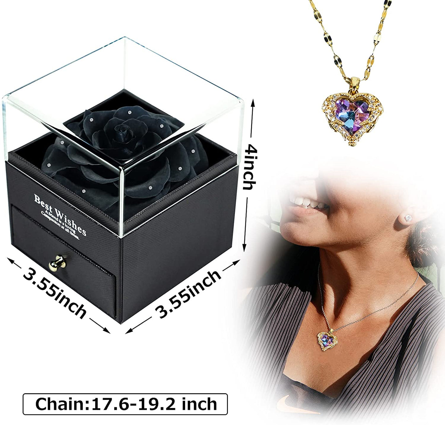 U UQUI Preserved Real Rose with I Love You Heart Necklace 100 Languages