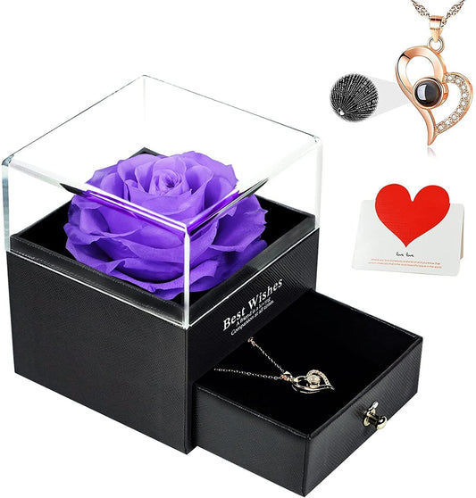 U UQUI Preserved Real Rose with I Love You Heart Necklace 100 Languages