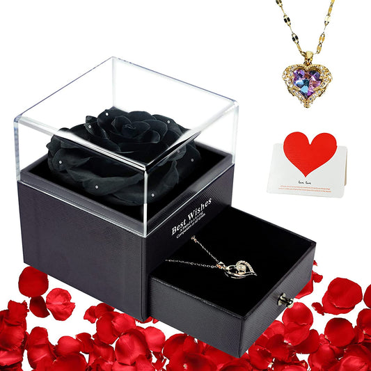 U UQUI Preserved Real Rose with I Love You Heart Necklace 100 Languages