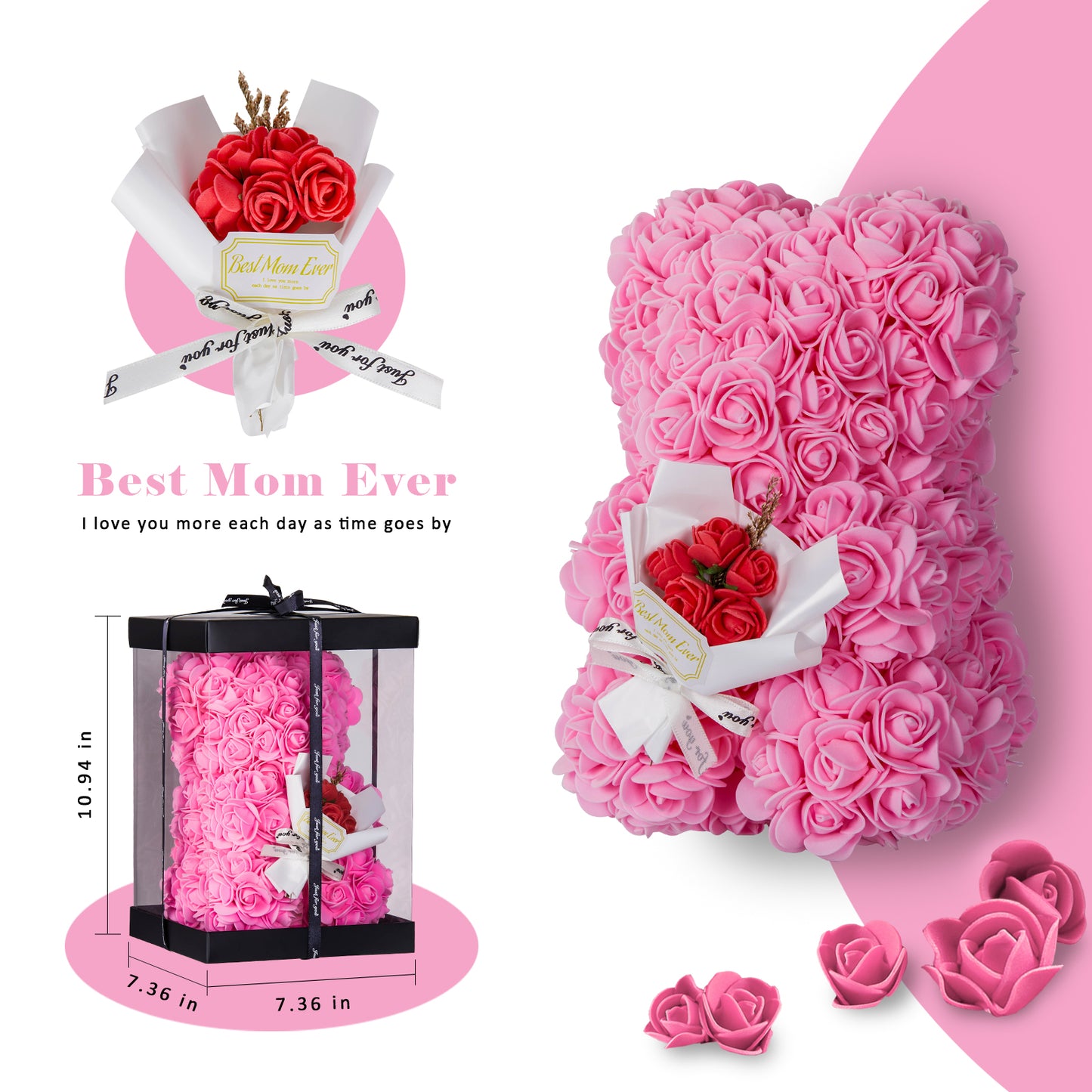 U UQUI Best Mom Bouquet Pink Rose Bear And Necklace