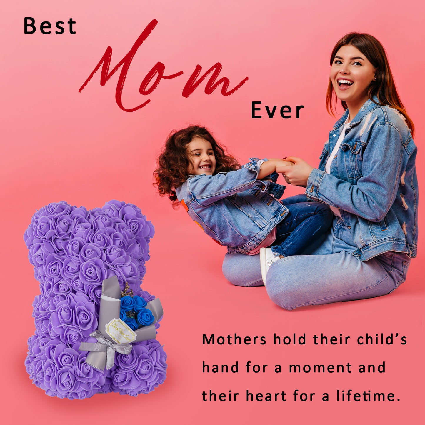 U UQUI Best Mom Purple Rose Bear And Necklace