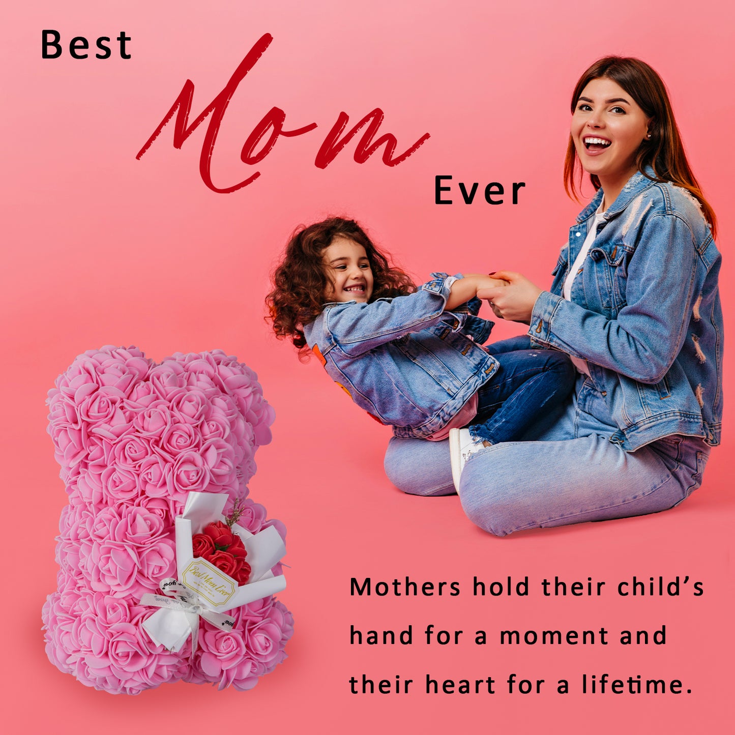 U UQUI Best Mom Bouquet Pink Rose Bear And Necklace