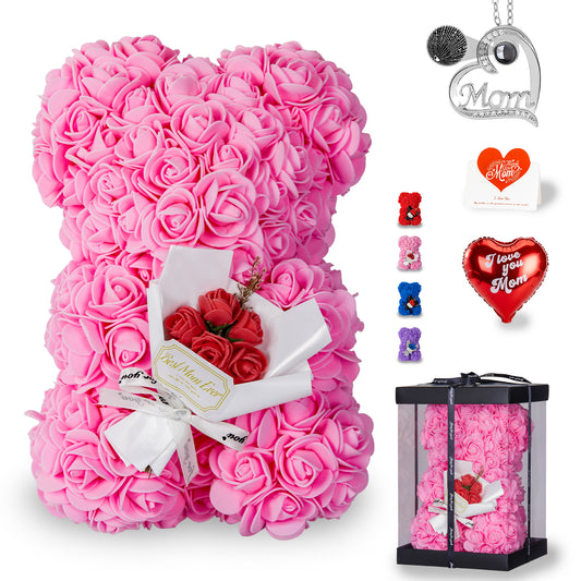 U UQUI Best Mom Bouquet Pink Rose Bear And Necklace