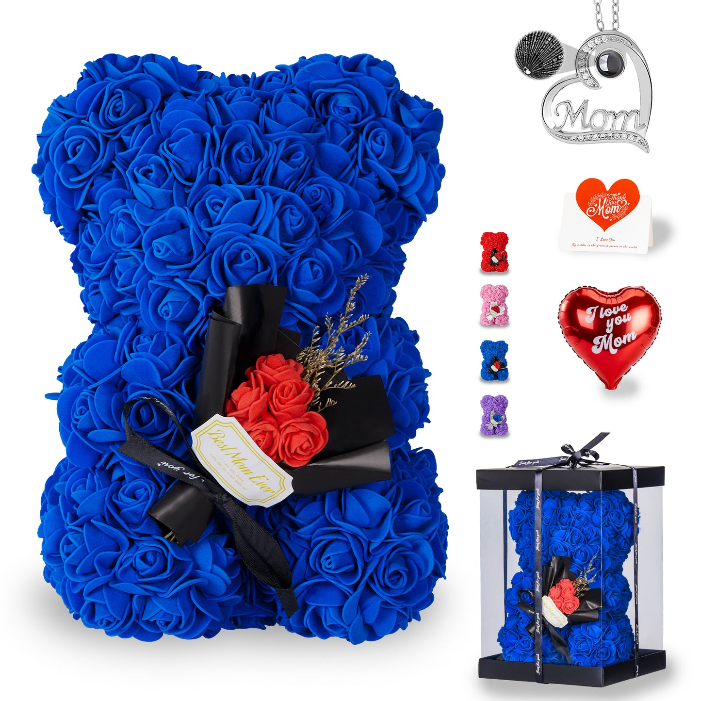 U UQUI Best Mom Blue Rose Bear And Necklace