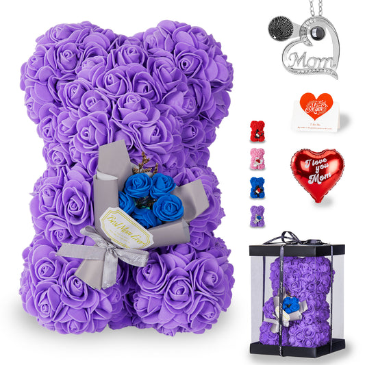 U UQUI Best Mom Purple Rose Bear And Necklace