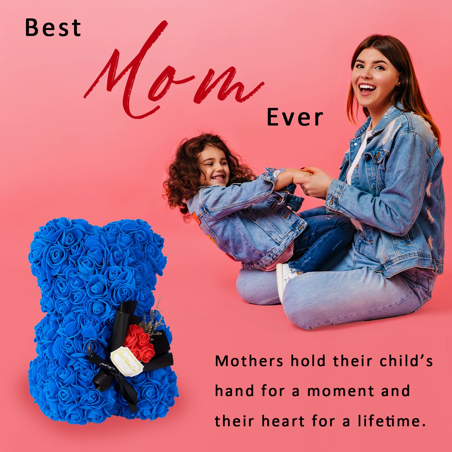 U UQUI Best Mom Blue Rose Bear And Necklace